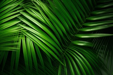 Close up of overlapping palm leaves forming a vibrant green tropical background