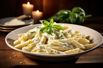 Italian Penne pasta with formaggio sauce and basil served on a white dish on a rustic wood table
