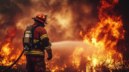 A brave firefighter sprays water to extinguish a large fire, firefighter works. created by ai