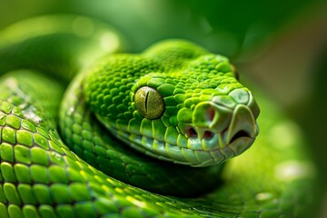 Fototapeta premium Vibrant close up of a green tree python showcasing its intricate scales and captivating eyes