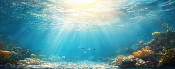 A serene underwater scene illuminated by sunlight, featuring vibrant coral reefs and diverse marine life.
