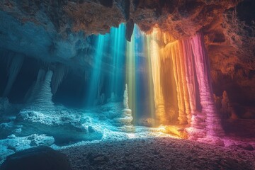 Luminous cave, colorful stalagmites, ethereal light.