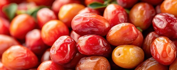 Fototapeta premium A close-up view of vibrant red and yellow fruits, showcasing their glossy texture and natural sheen.