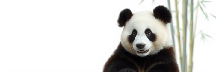 Fototapeta premium Panda bear with expressive face sitting gracefully in front of bamboo background conveying a sense of curiosity and playfulness