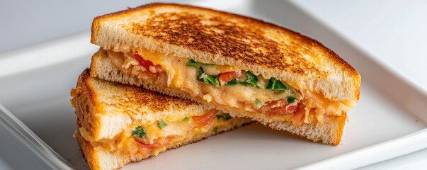 A deliciously toasted sandwich filled with melted cheese, fresh vegetables, and a golden crust, perfect for a quick meal or snack.
