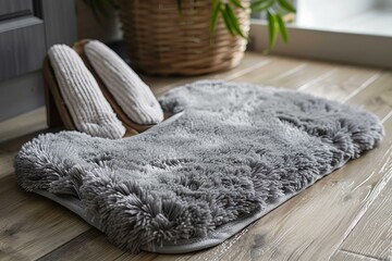 Gray fluffy bathroom rug with matching slippers resting on wooden floor, creating a cozy and comfortable atmosphere