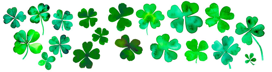 Fototapeta premium Set of watercolor clover plant illustrations in varying green shades, symbolizing luck and family, wealth and good fortune, saint Patrick’s day holiday, isolated on white background, png