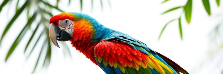 Obraz premium Vibrant scarlet macaw perched among green leaves, exuding beauty and grace, showcasing its stunning colors in a lush tropical environment