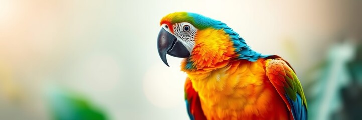 Obraz premium Vibrant macaw perched gracefully, exuding a playful essence, showcasing its bright feathers against a soft blurred background