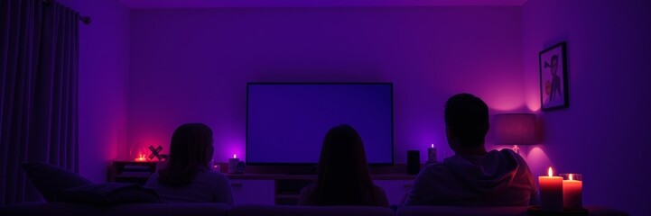 Cozy family moment watching TV in a dimly lit room with colorful ambient lighting