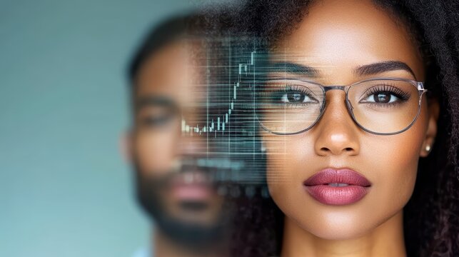 Young african female analyzing data with focused expression and digital overlay