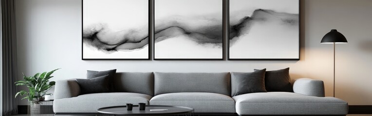 A stylish living room interior with a blank poster frame for design mockup. Great for showcasing artwork, prints, or digital designs in a modern setting.
