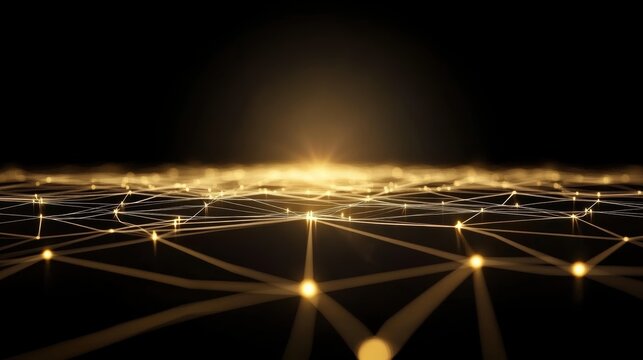 Glowing network of golden lines and nodes against dark background