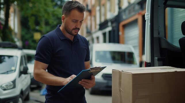 Delivery worker near van checking order in urban setting, professional logistics service