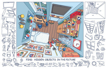 Find and color hidden objects in the picture. Interrior of teenager’s room from above with furniture and home objects. Cozy children room. Linear sketch vector illustration