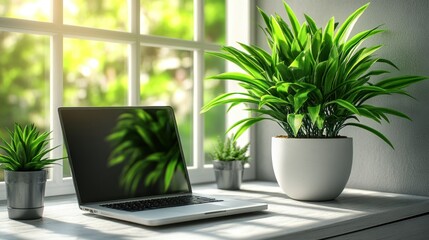 Laptop, plants, window, sunlight, home office