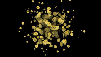 Crying emojis scattering and spinning in an artistic composition against a black background, with animated tears symbolizing heartbreak and sorrow.