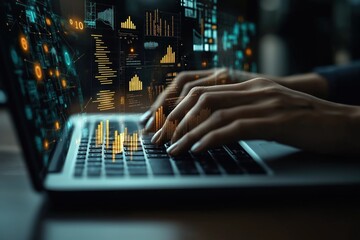 Business person analyzes data on laptop. Hands type on keyboard. Graphs, charts overlay laptop screen. Person explores trends in predictive models. Data driven decisions for business growth. Modern