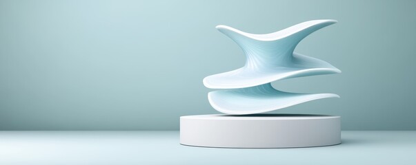 Modern abstract sculpture on circular platform in minimalist space