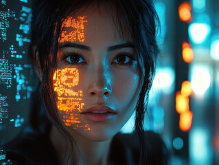 Confident female specialist engaged in network security analysis surrounded by glowing holograms in a moody, high-tech environment