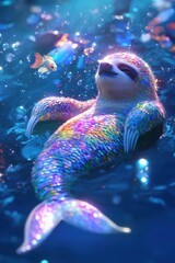 Fototapeta premium A whimsical sloth with a shimmering mermaid tail relaxing underwater, surrounded by bubbles and glowing aquatic light, blending fantasy and nature in a magical scene.