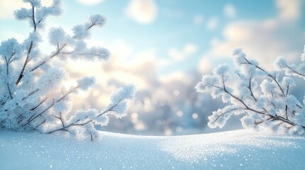 Snowy winter landscape with frost-covered branches under clear blue sky. Peaceful serene winter scenery. Branches frosted with ice crystals. Festive, bright winter scene. Copy space for product