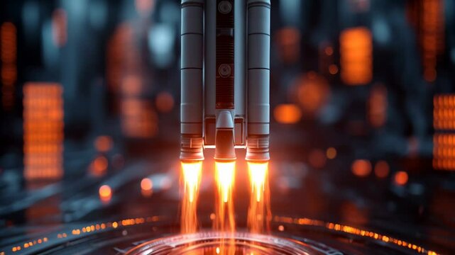 Rocket launch, rocket model surrounded by computer chips