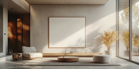 A stylish living room interior with a blank poster frame for design mockup. Great for showcasing artwork, prints, or digital designs in a modern setting.