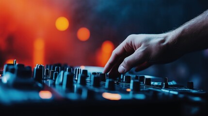 Dj mixes music at festival. Person controls tech equipment with many buttons, knobs on stage. Night club event. Electronic music. Tech event. Party atmosphere. Modern tech. Sound equipment. Digital