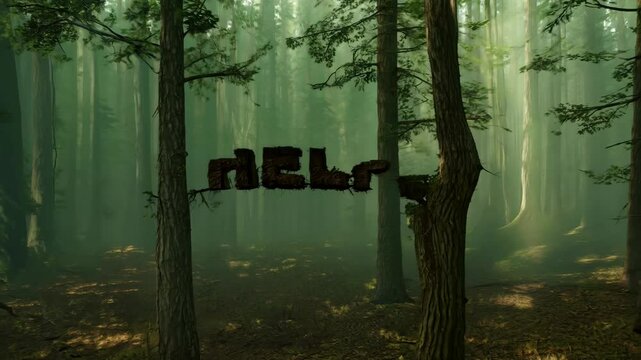 The word HELP is written in a tree-like font. The letters are made out of wood and appear to be carved into the bark of the trees
