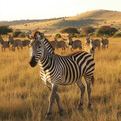 Naklejka premium Zebra herd in golden savanna grassland.