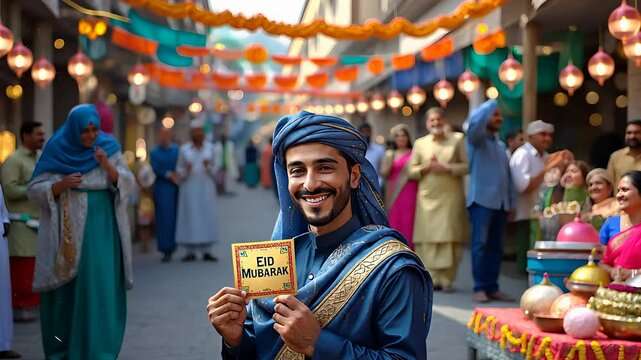 Smiling Man Holding an Eid Mubarak Card in a Vibrant Festive Street with Lanterns and Decorations

