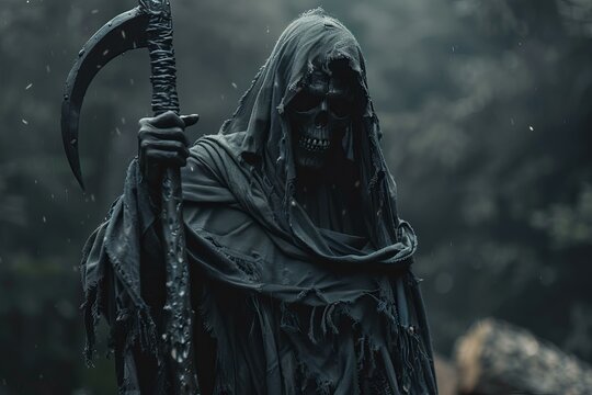 Death personified as skeletal figure in hooded cloak, wielding scythe in eerie, rainy forest