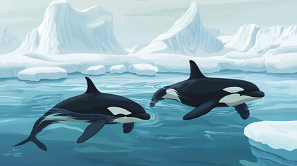 Obraz premium Two orcas swimming in icy waters. Frosty Bay. Illustration
