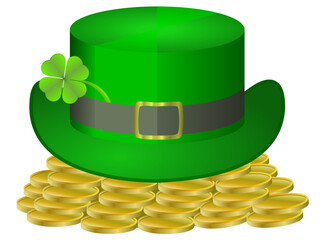 Saint Patrick Hat and many coins on the white