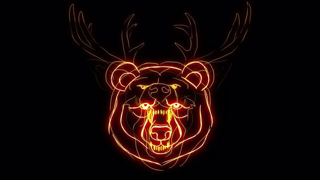 Animal faces transform into each other. Neon glowing golden animation of tiger, bear, owl, goat, deer, lion and human scull. Hand drawn doodle scribble style.