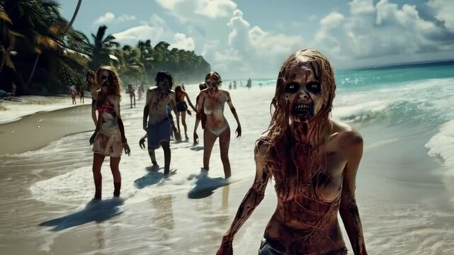 video of zombi party on the tropical beach, hallowen concept 
