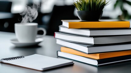 A neatly stacked collection of psychology books, a steaming cup, and notes adorn a desk, embodying an intellectual vibe.