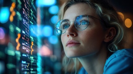 Woman views futuristic screen.