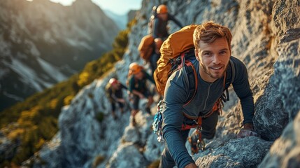 Obraz premium Mountain climbers scaling a steep snowy peak. Perfect for adventure themes, extreme sports, and overcoming challenges visuals.