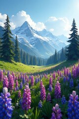 Lupine Field with snow-covered trees and hills, trees, wilderness