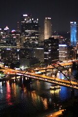 Birds eye view of the city of downtown Pittsburgh, Pennsylvania at night.