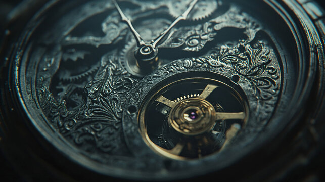 Intricate inner gears of an antique pocket watch magnified in detail, showcasing vintage craftsmanship, metallic textures, and precision engineering under soft lighting - Powered by Adobe