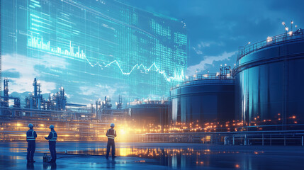 Team of Workers Inspecting Oil Storage Tanks at an Industrial Facility, with Digital Graphs in the Background Illustrating Ongoing Trends in the Global Oil Market