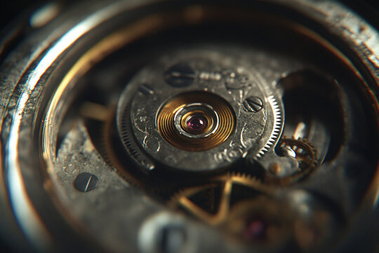 Intricate inner gears of an antique pocket watch magnified in detail, showcasing vintage craftsmanship, metallic textures, and precision engineering under soft lighting