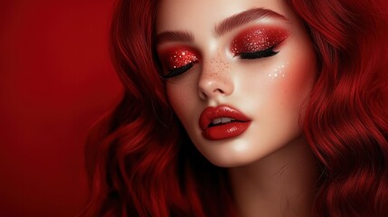 Fototapeta premium Woman with long wavy jet red hair, closed eyes, full mink lashes, and glam makeup