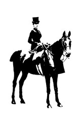 isolated on a light background is a graphic monochrome vintage image of a lady, a young woman in a female saddle riding a black horse