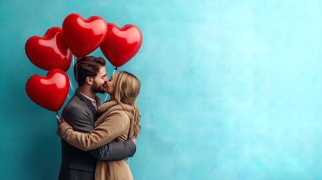 Happy couple with heart shaped balloons on blue background. Valentine's Day celebration