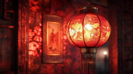 A red Chinese lantern with intricate gold detailing on a neutral background. Ideal for Lunar New Year, cultural events, and traditional decorations.