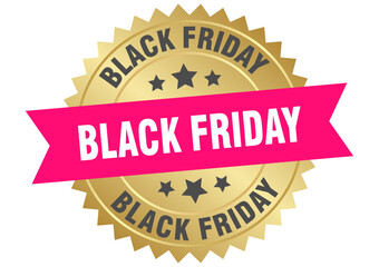 black friday. black friday round pink and gold label isolated on transparent background